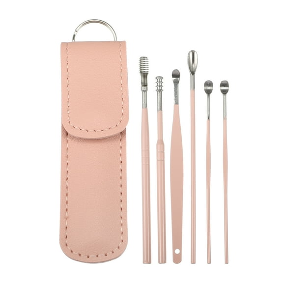 Unique Bargains 6 Pcs Stainless Steel Ear Cleansing Tool Set with Faux Leather Packaging Pink