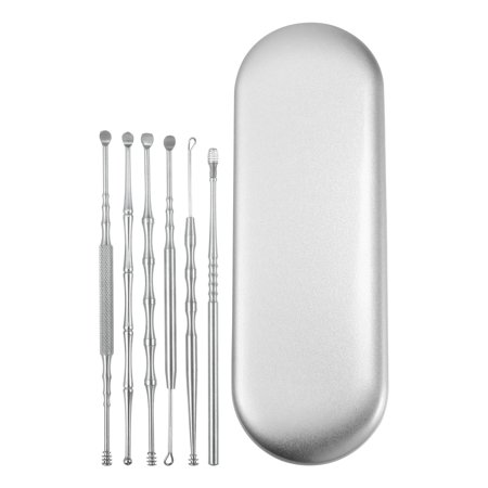 Unique Bargains 6Pcs Stainless Steel Ear Cleansing Tool Set Set Anti-slip Design with Storage Case Silver Tone