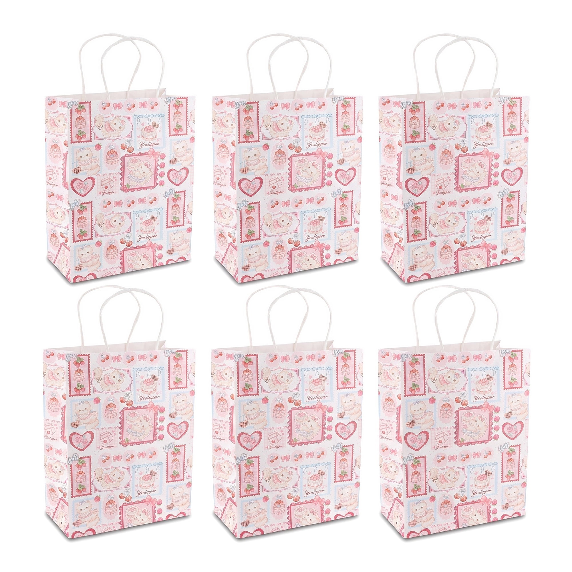 Unique Bargains 6Pcs Thick Cartoon Paper Gift Bags with Handles Cherry 8.3" x 4.3" x 10.6"