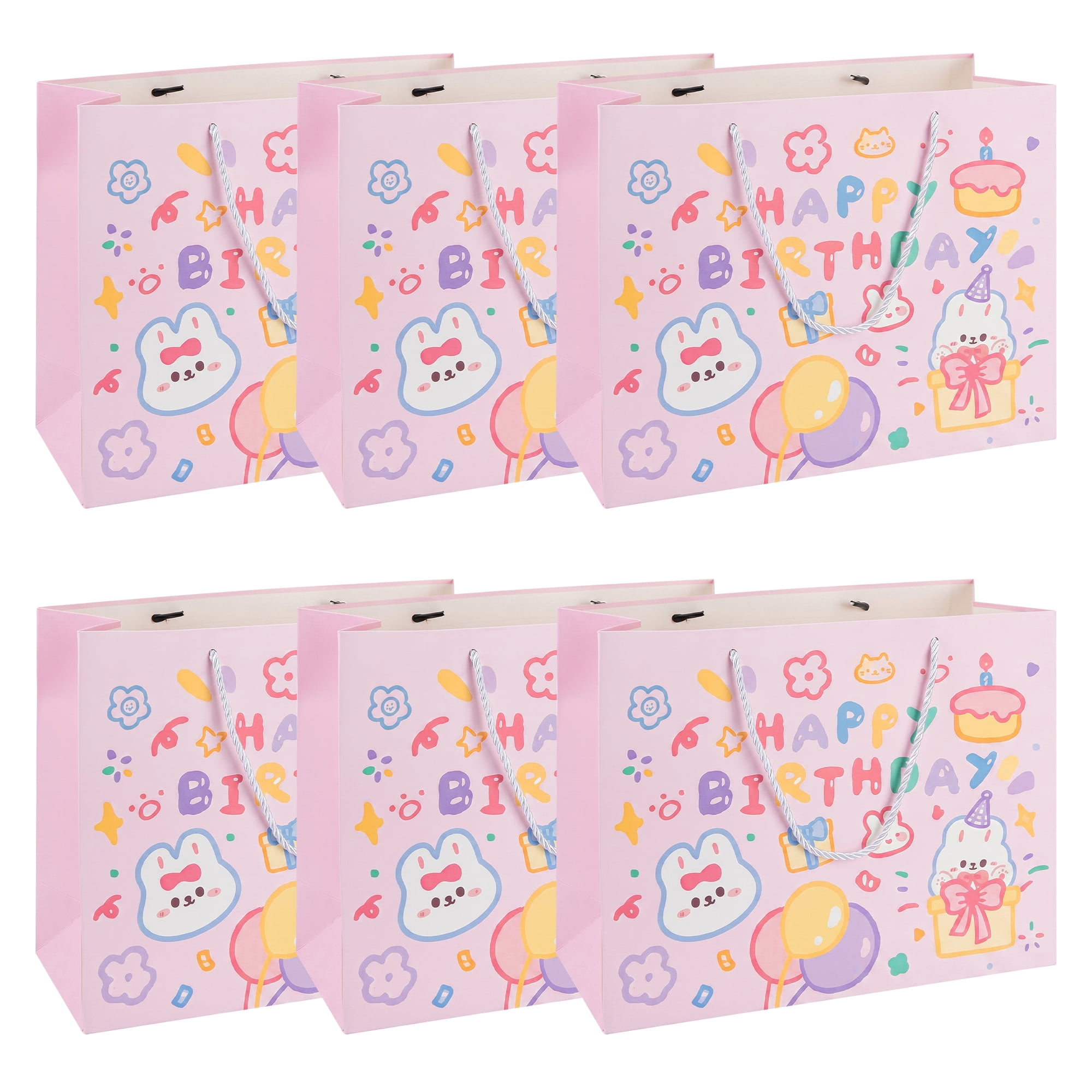 Unique Bargains 6Pcs Vibrant Cartoon Themed Birthday Gift Bags Pink 12.6" x 4.5" x 9.8"