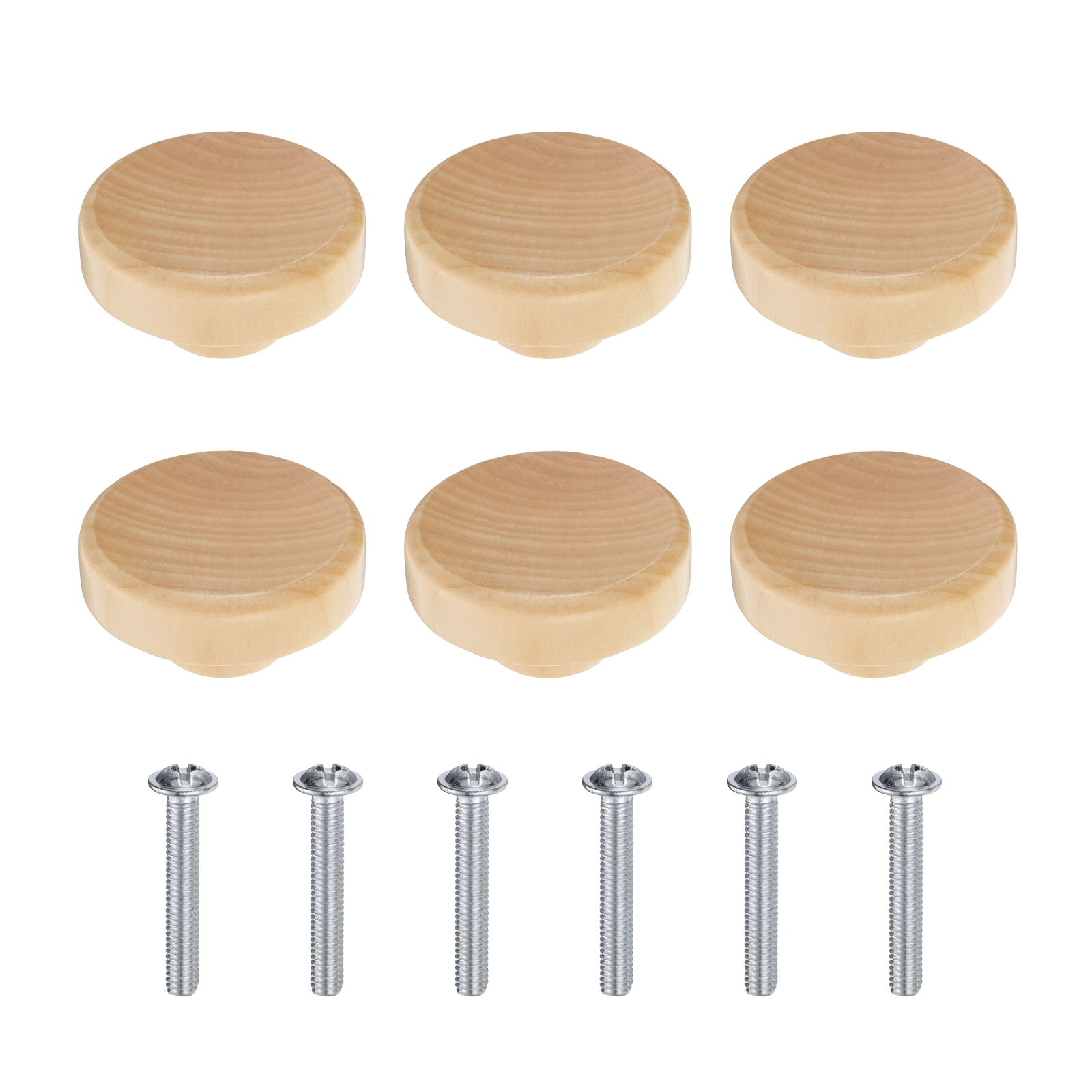 Unique Bargains 6Pcs Wood Knobs Wooden Flat Round Drawer Knobs Wood Color 1.5"
