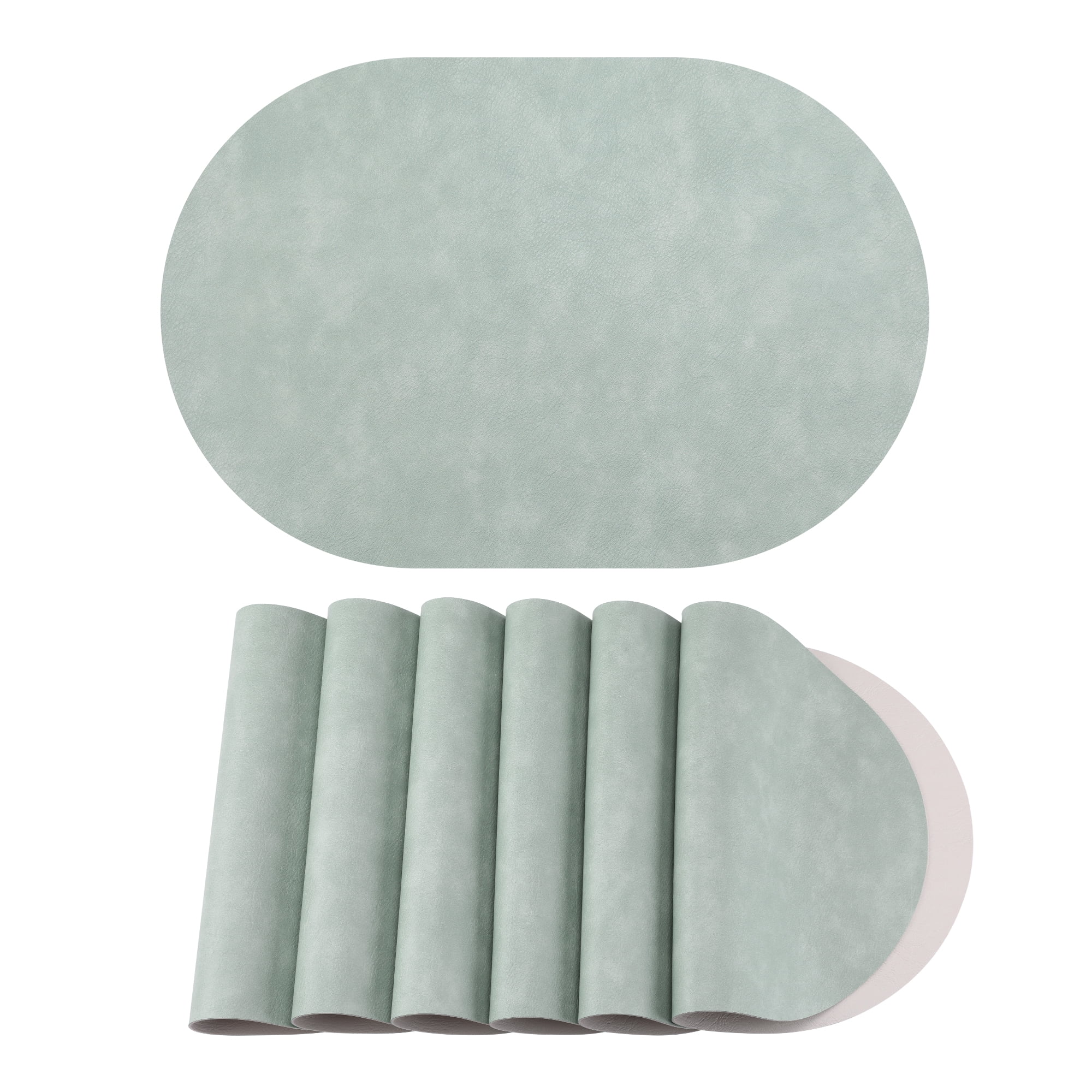 Unique Bargains 6pcs Oval Table Mats for Kitchen Green/Ivory White 17.3"x11.8"