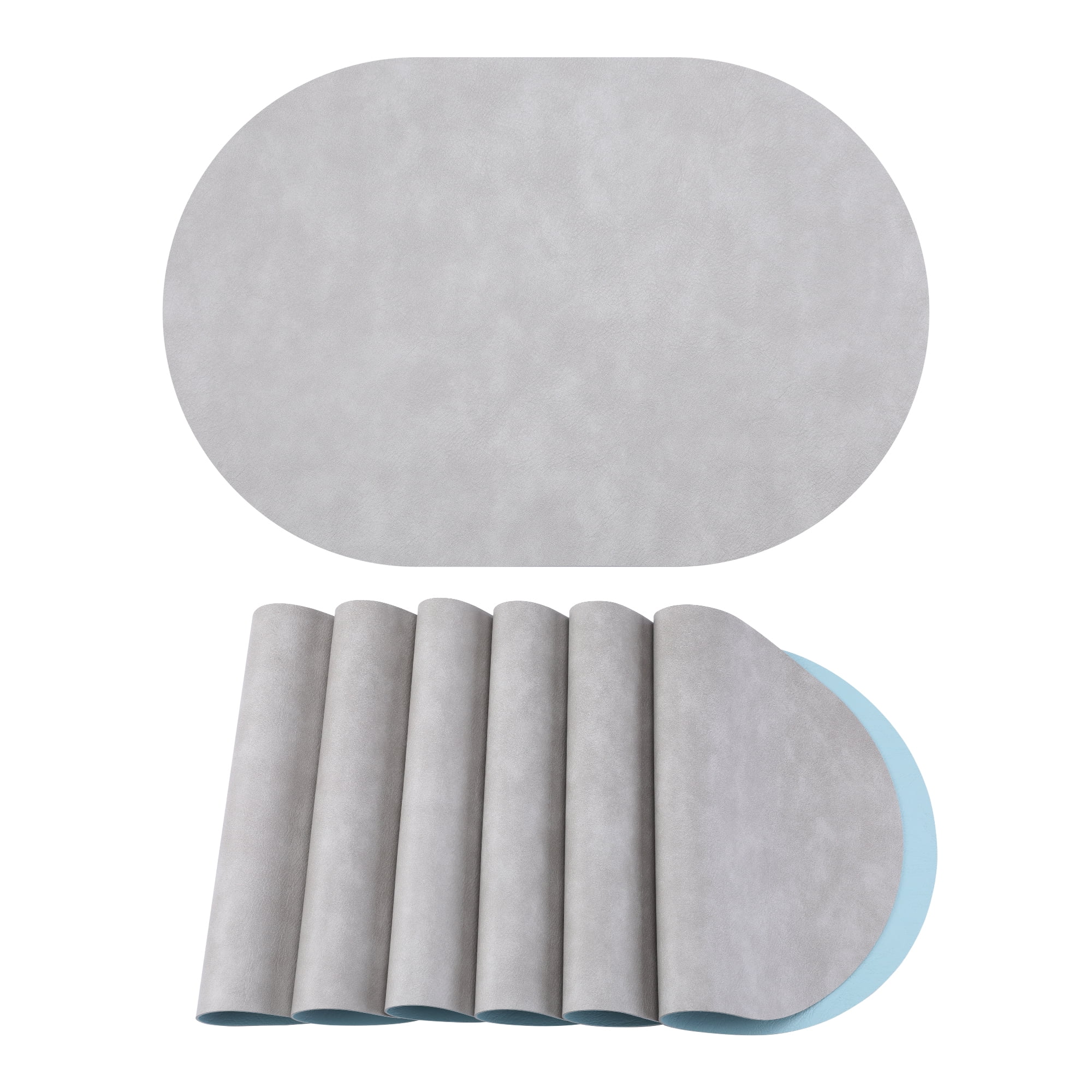 Unique Bargains 6pcs Oval Table Mats for Kitchen Light Gray/Light Blue 17.3"x11.8"