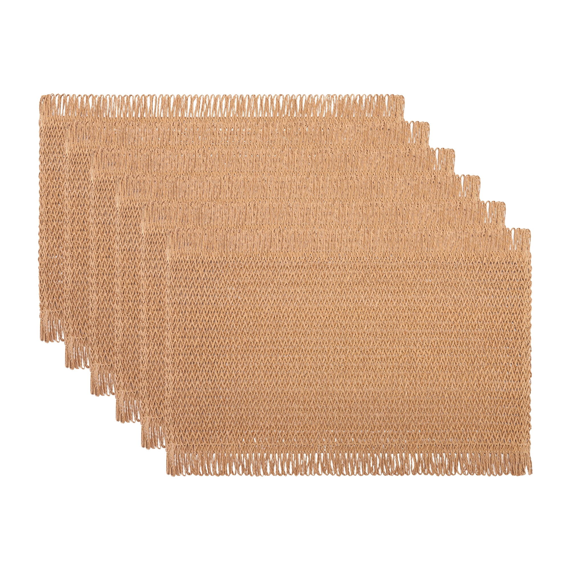 Unique Bargains 6pcs Woven Placemats with Tassels Brown 17.7"x11.8"