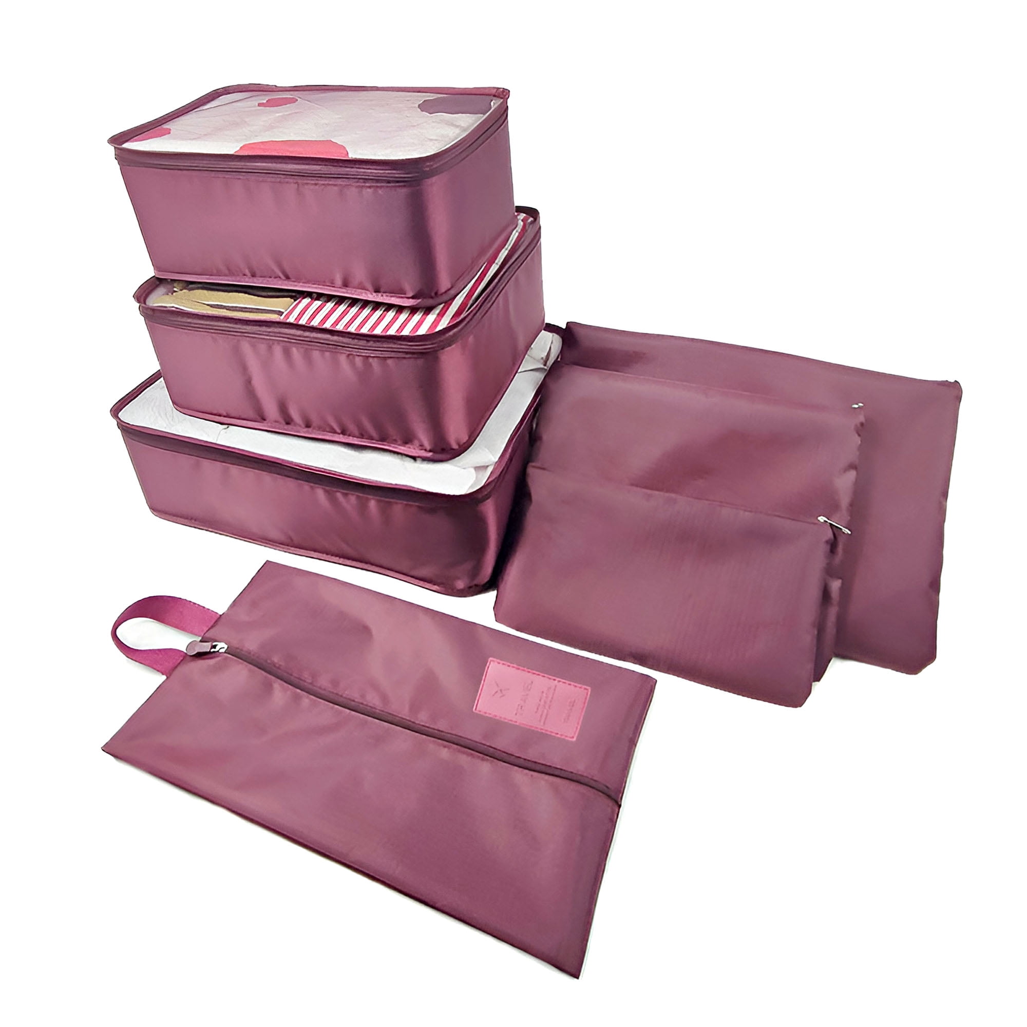 Unique Bargains 7Pcs Zipper Design Packing Cube Set For Luggage Wine Red