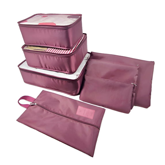 Unique Bargains 7Pcs Zipper Design Packing Cube Set For Luggage Wine Red