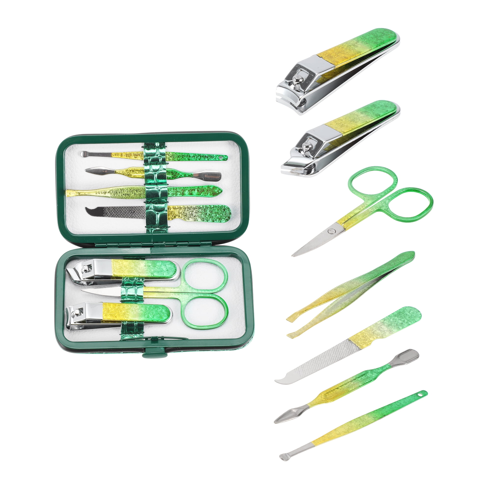 Unique Bargains 7pcs Beautiful Style Nail Clipper Kit 2.24"x 0.47"x 0.59" Yellow, Green