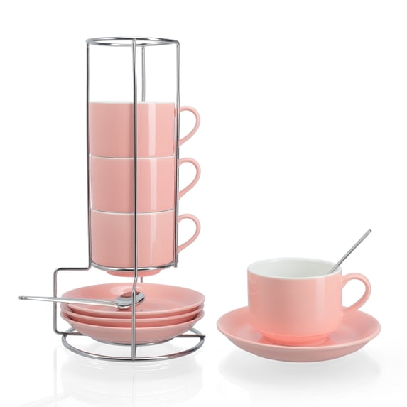 Unique Bargains 8 Ounce Cappuccino Cups Set of 4 Stackable Cappuccino Mugs Includes Display Stand Cups Saucers and Spoons for Machines & Home Use Pink Silver Tone