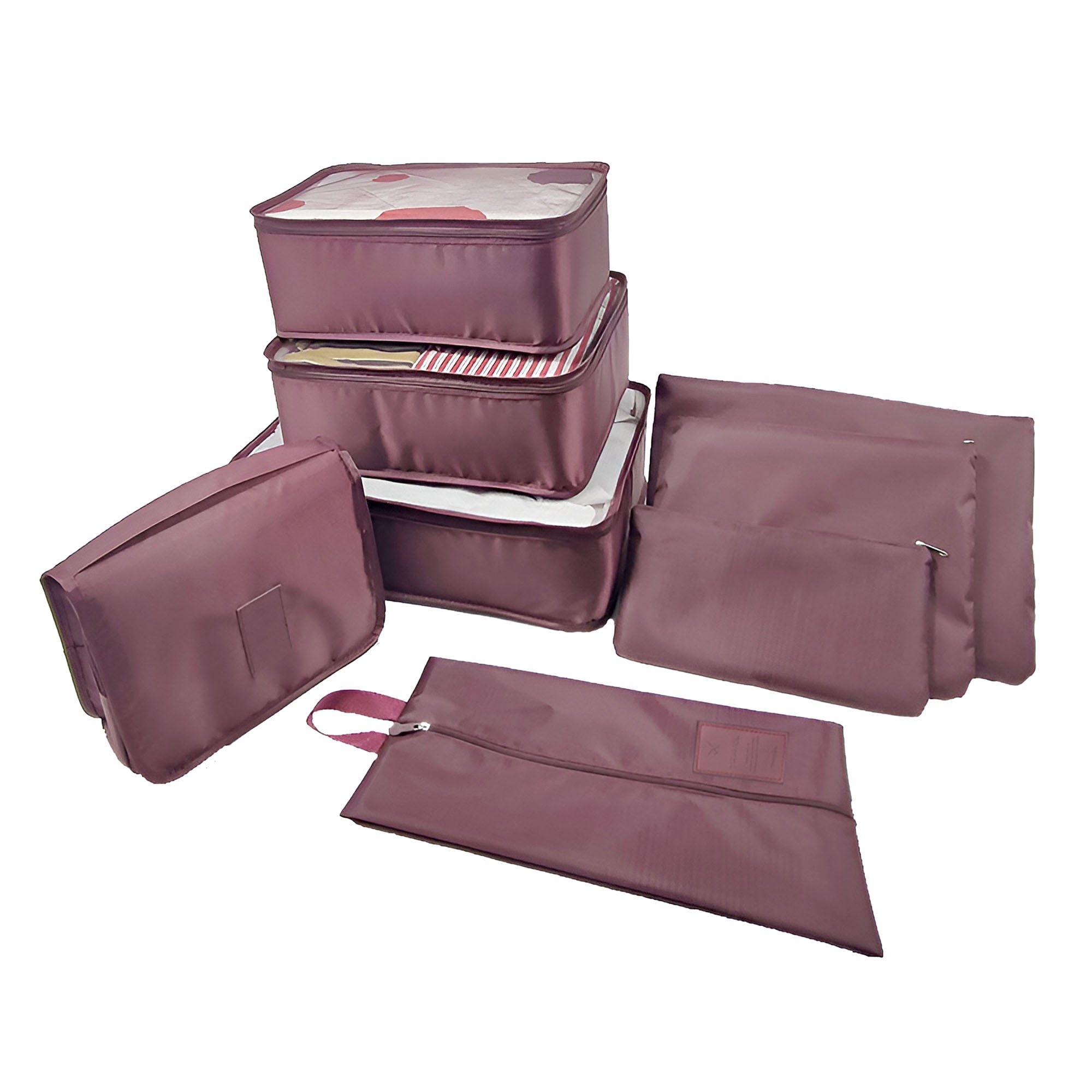 Unique Bargains 8Pcs Zipper Design Packing Cube Set for Luggage Wine Red