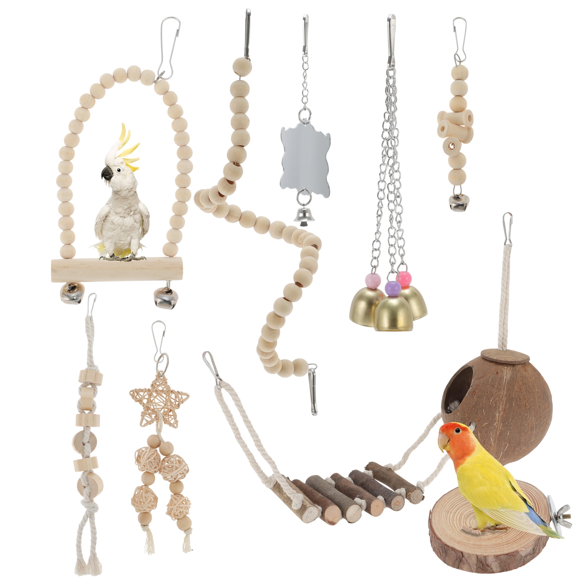 Unique Bargains 9pcs Cockatiel Toys Interactive Bird Toy Parrot Toys Parrots Chewing Wood and Rope Bird Cage Accessories for Parakeets Cockatiel Wood Color