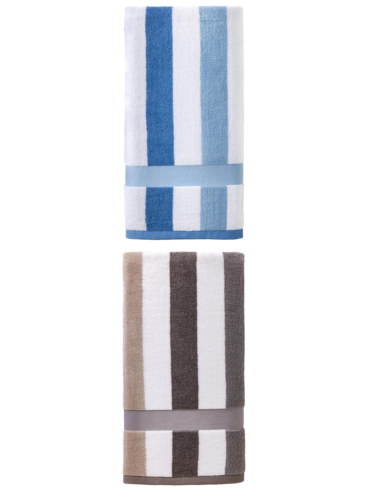Unique Bargains Absorbent Stripe Soft Cotton Towel 2 Pack Grey/Royal Blue 55"x28"