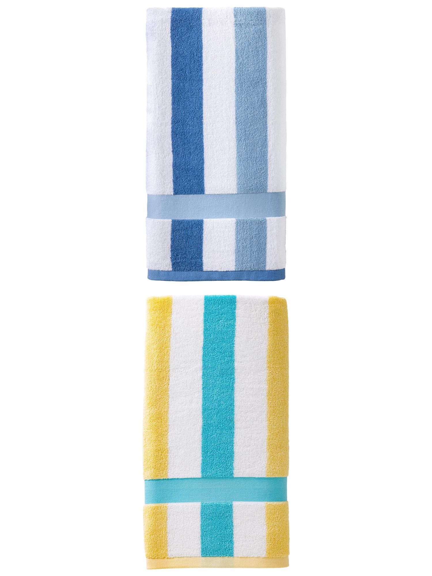Unique Bargains Absorbent Stripe Soft Cotton Towel 2 Pack Lake Blue/Royal Blue 55"x28"