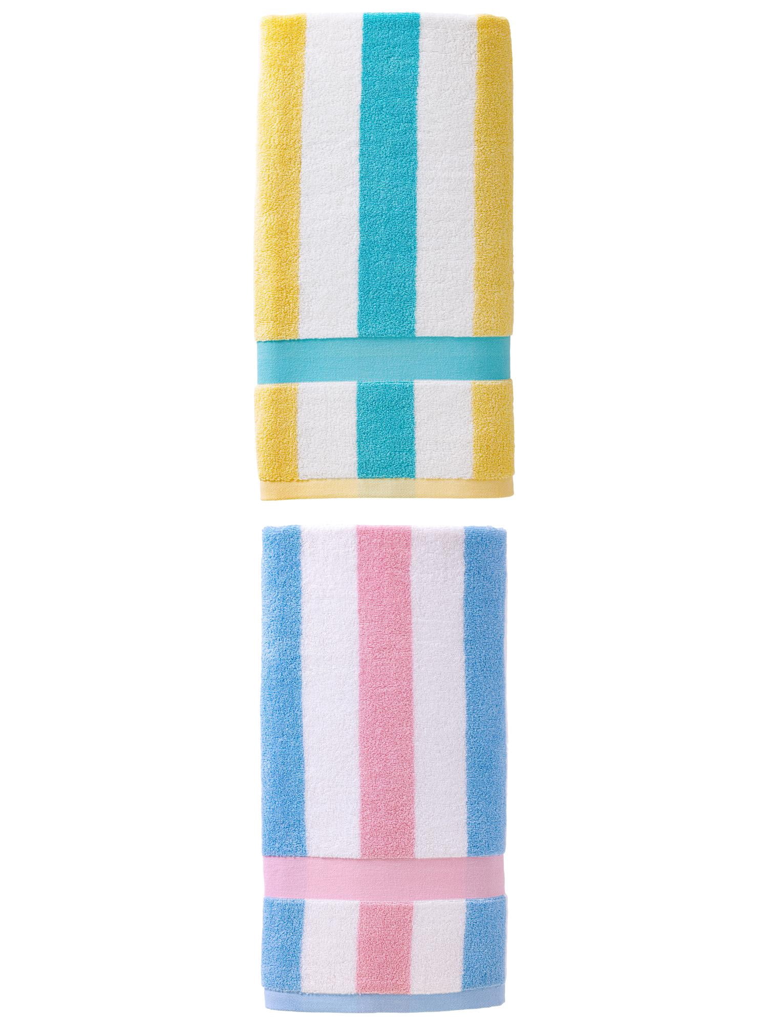 Unique Bargains Absorbent Stripe Soft Cotton Towel 2 Pack Pink/Lake Blue 55"x28"