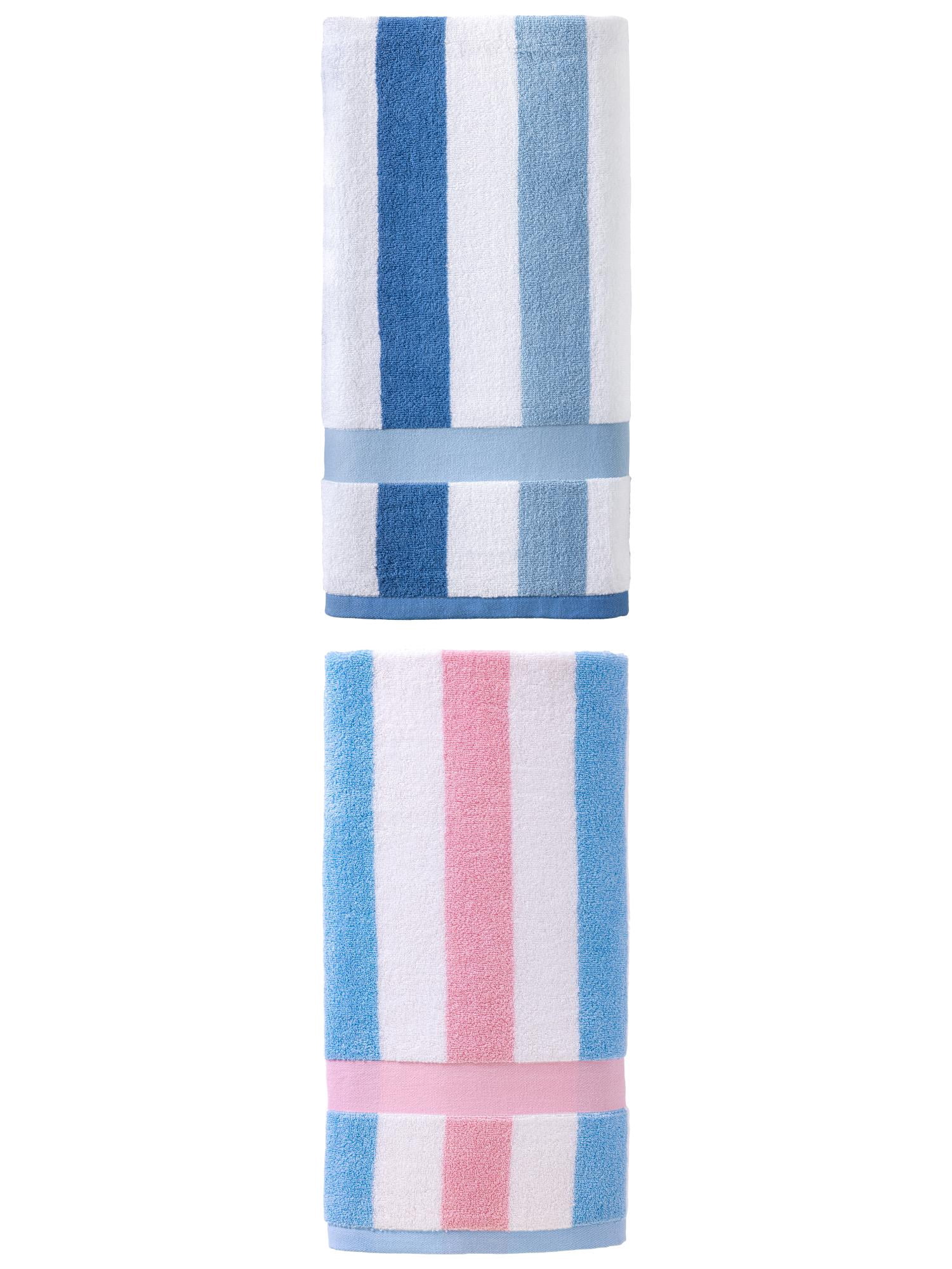 Unique Bargains Absorbent Stripe Soft Cotton Towel 2 Pack Pink/Royal Blue 55"x28"