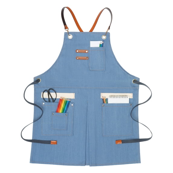 Unique Bargains Adjustable Long Waist Cooking Apron with Pockets for Kitchen Light Blue
