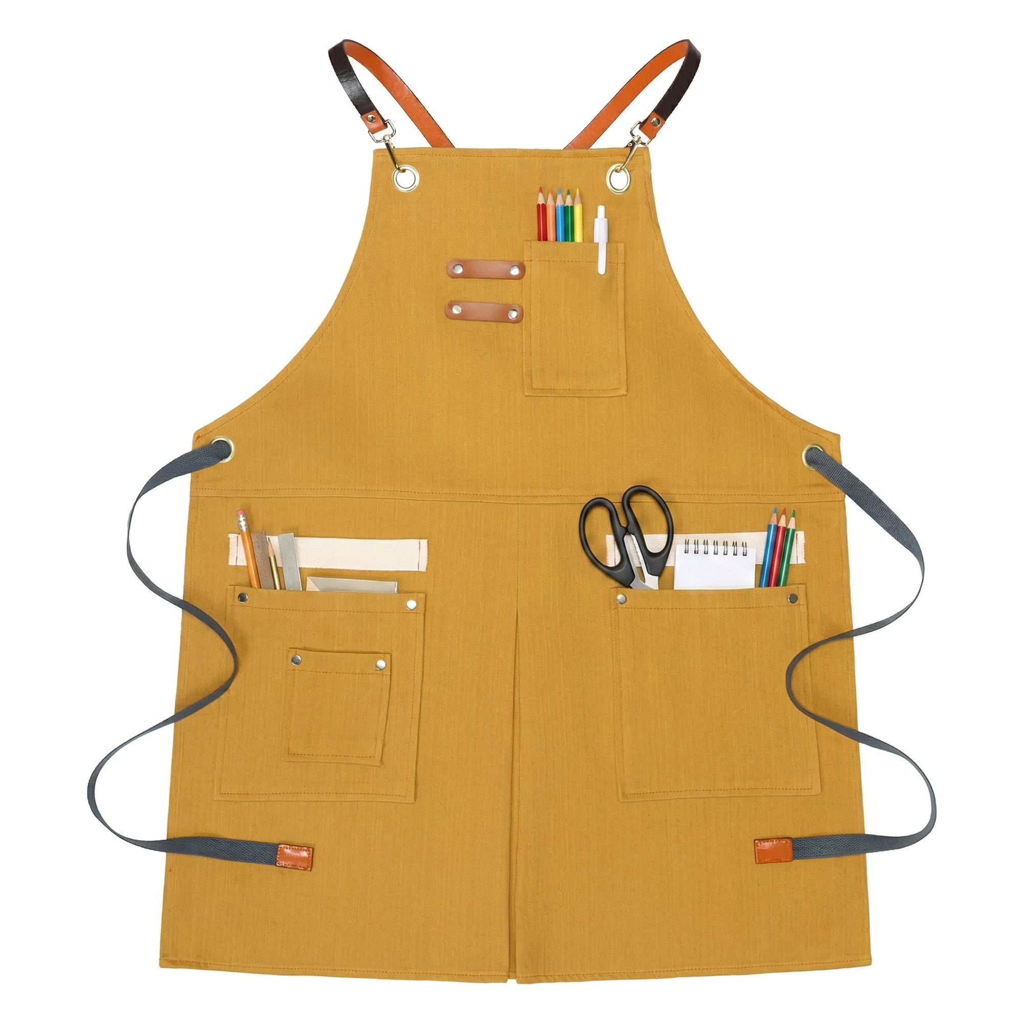 Unique Bargains Adjustable Long Waist Cooking Apron with Pockets for Kitchen Yellow