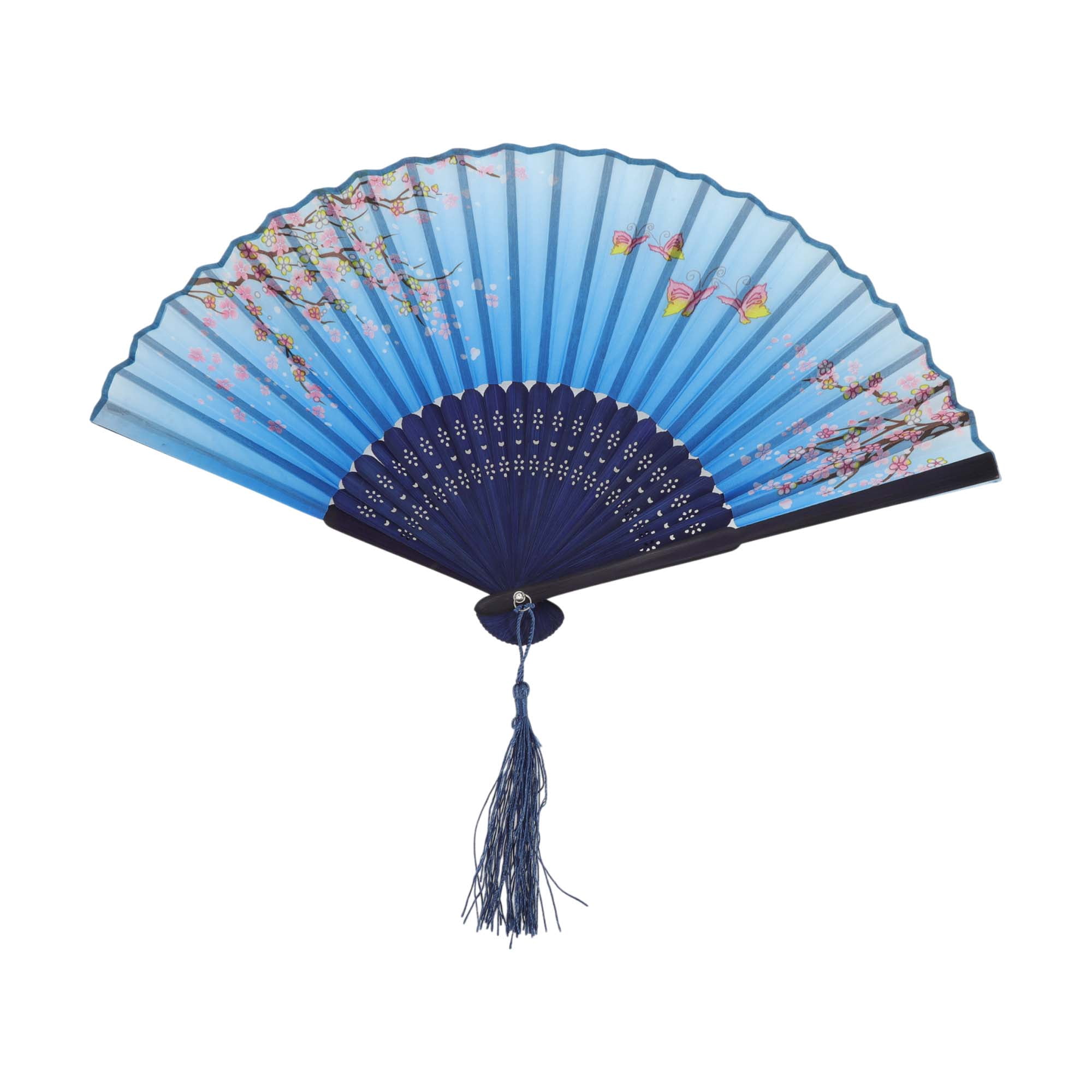 Unique Bargains Ancient Style Folding Fan 1Pc Blue [Butterfly Cherry Blossom Theme]