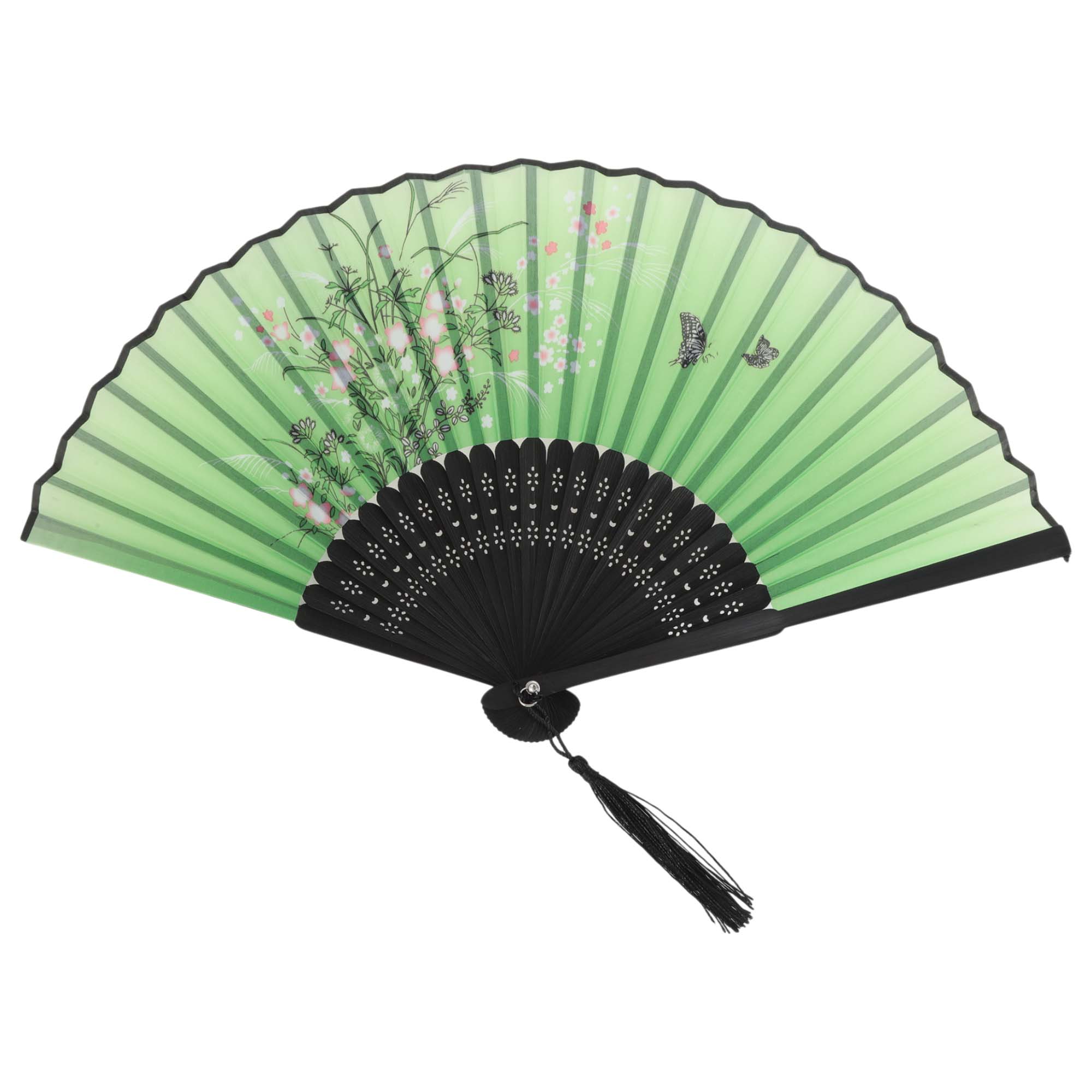 Unique Bargains Ancient Style Folding Fan 1Pc Green [Cherry Blossoms & Butterfly]