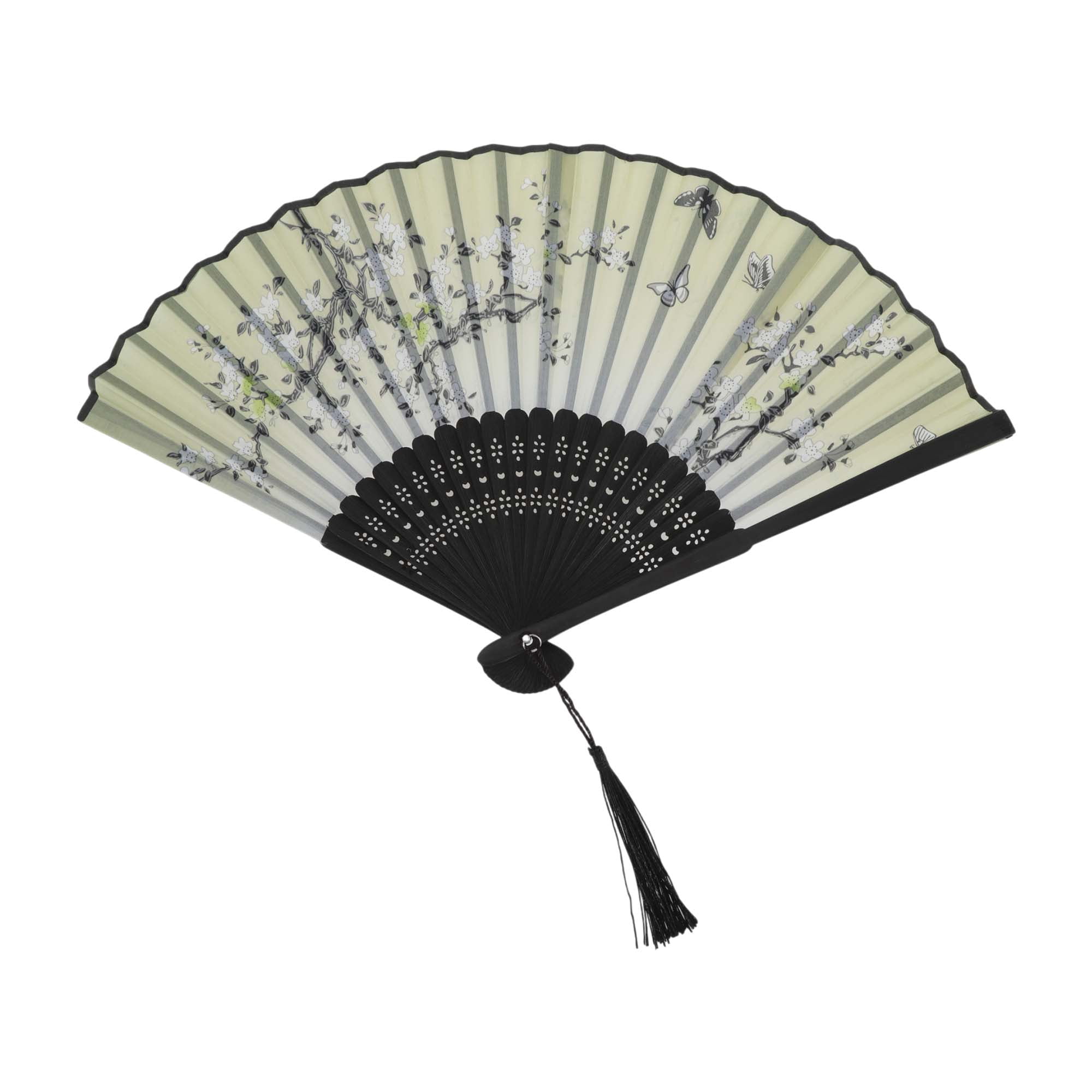 Unique Bargains Ancient Style Folding Fan 1Pc Green [Elegant Falling Pear Blossoms Print]