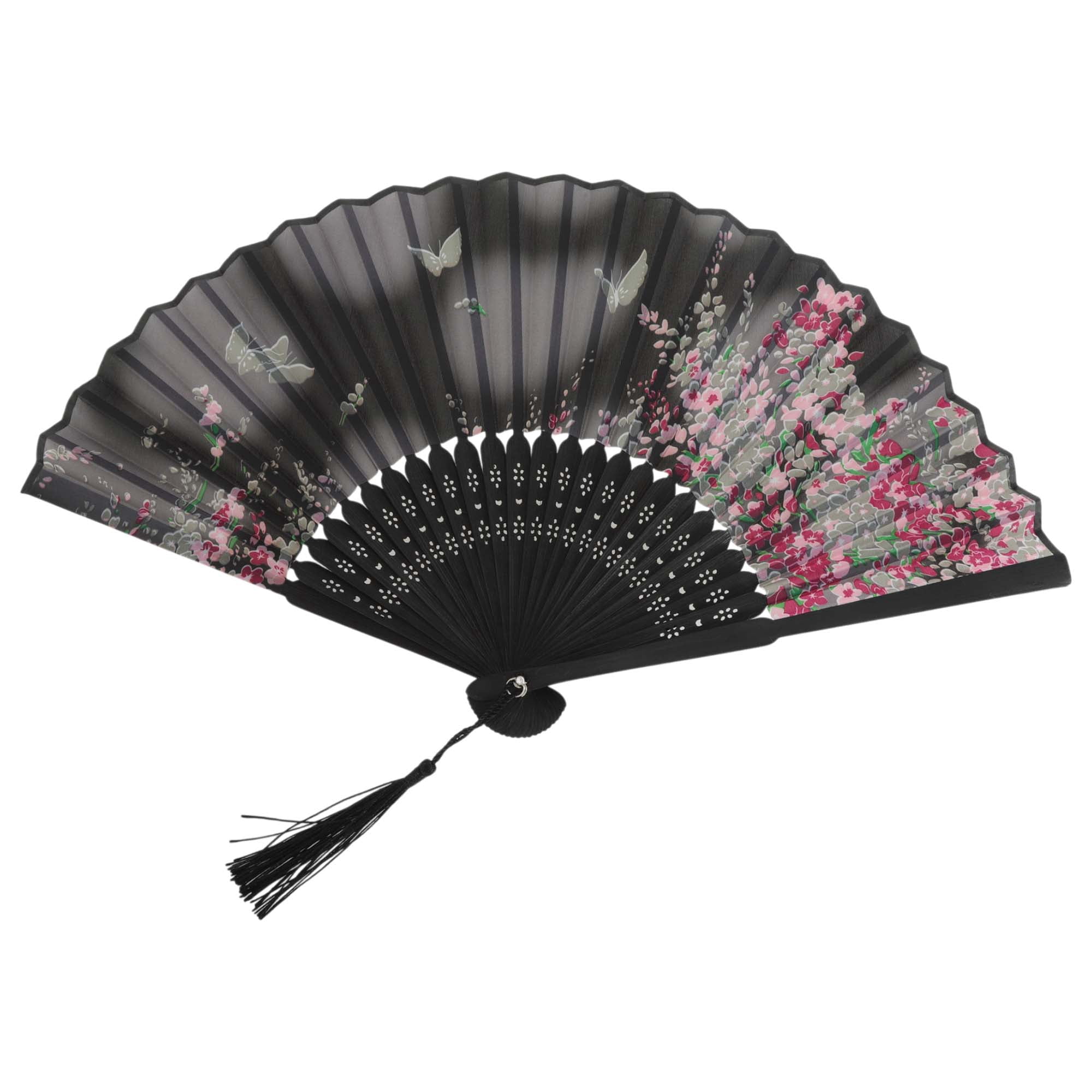 Unique Bargains Ancient Style Folding Fan Gray Black Dreamy Cherry Blossoms Butterflies