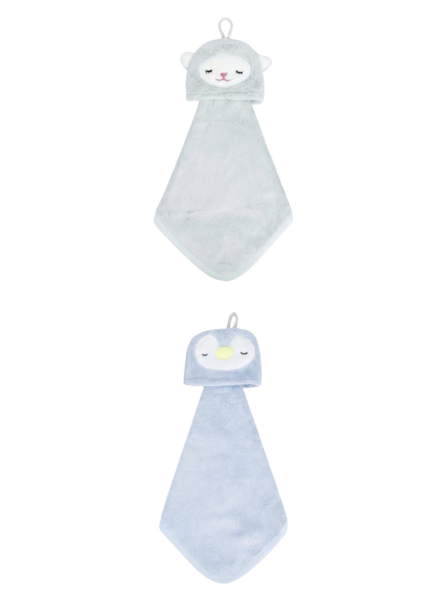 Unique Bargains Animal Hanging Soft Absorbent Hand Towel Blue Penguins/Green Lamb 15" x 8"