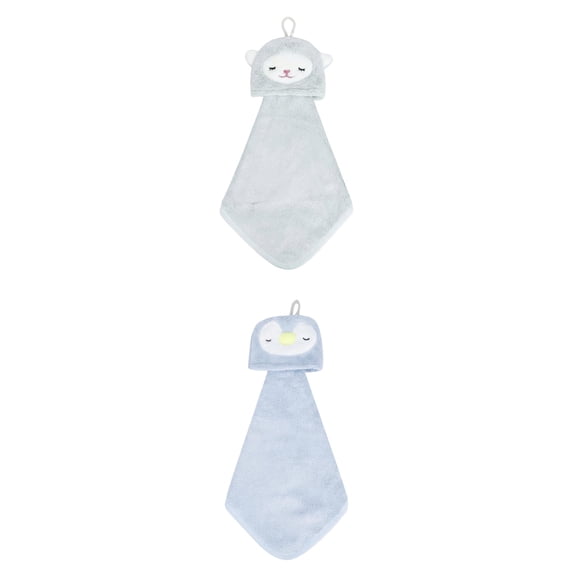 Unique Bargains Animal Hanging Soft Absorbent Hand Towel Blue Penguins/Green Lamb 15" x 8"