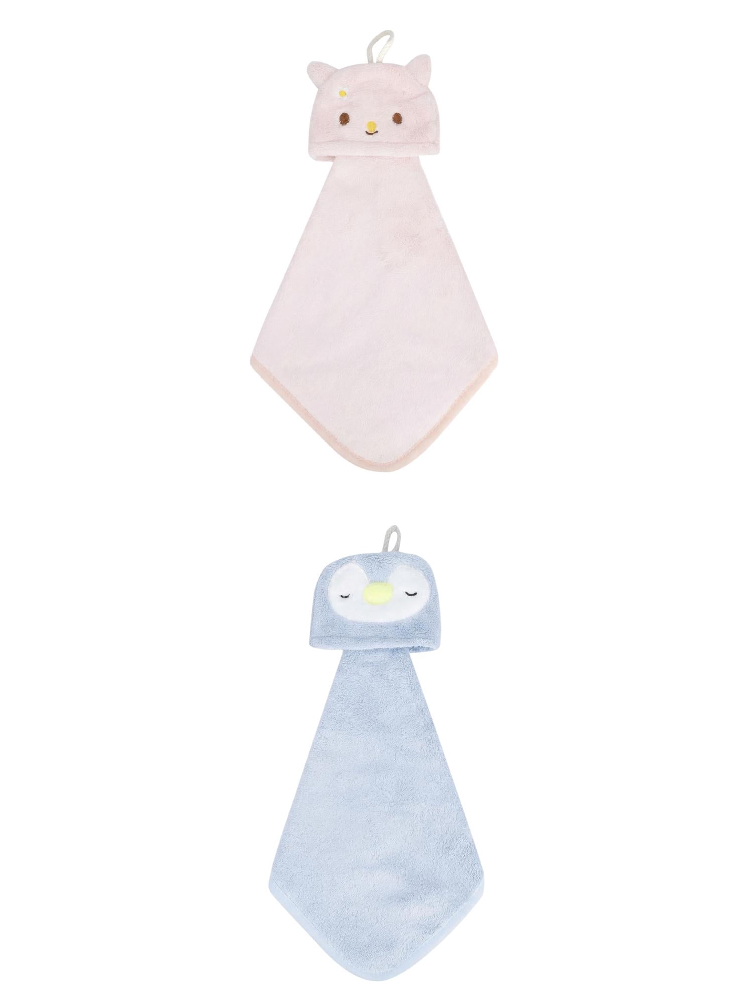 Unique Bargains Animal Hanging Soft Absorbent Hand Towel Blue Penguins/Pink Rabbit 15"x 8"