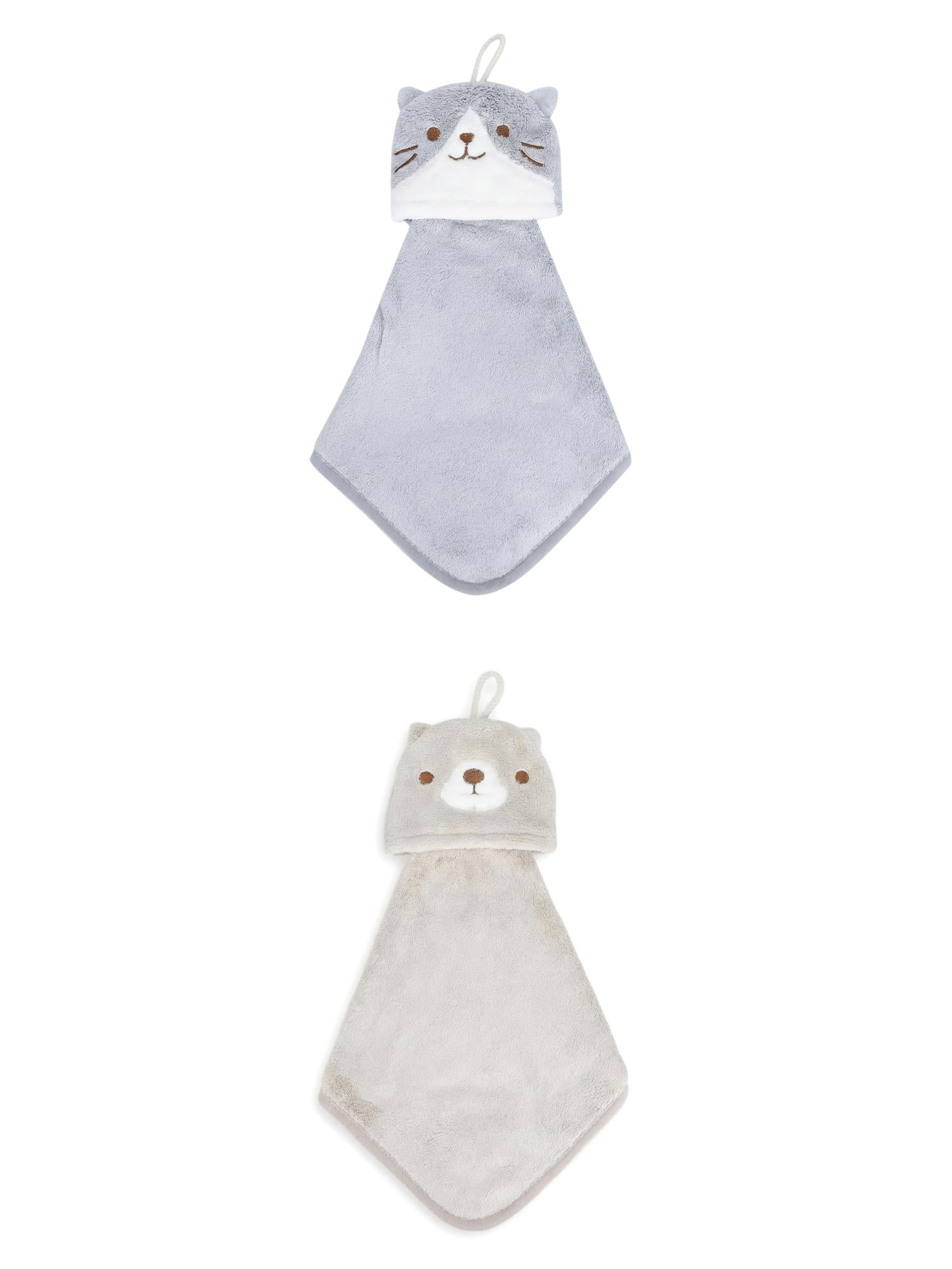 Unique Bargains Animal Hanging Soft Absorbent Hand Towel Brown Bear/Grey Cat 15" x 8"