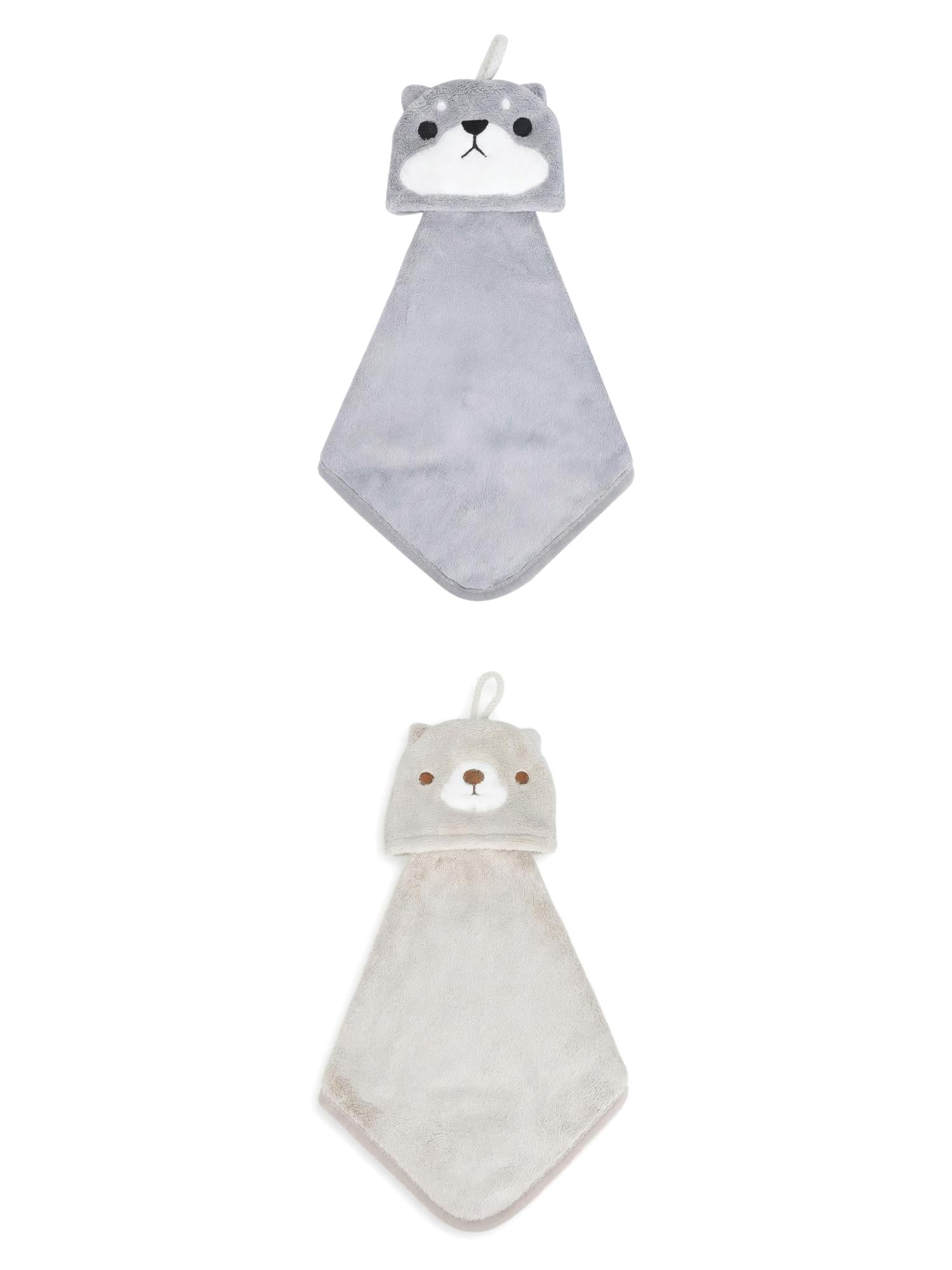 Unique Bargains Animal Hanging Soft Absorbent Hand Towel Brown Bear/Grey Shiba 15" x 8"