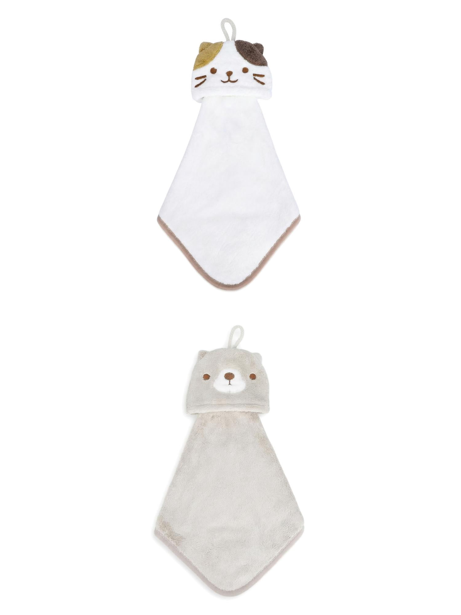 Unique Bargains Animal Hanging Soft Absorbent Hand Towel Brown Bear/White Cat 15" x 8"