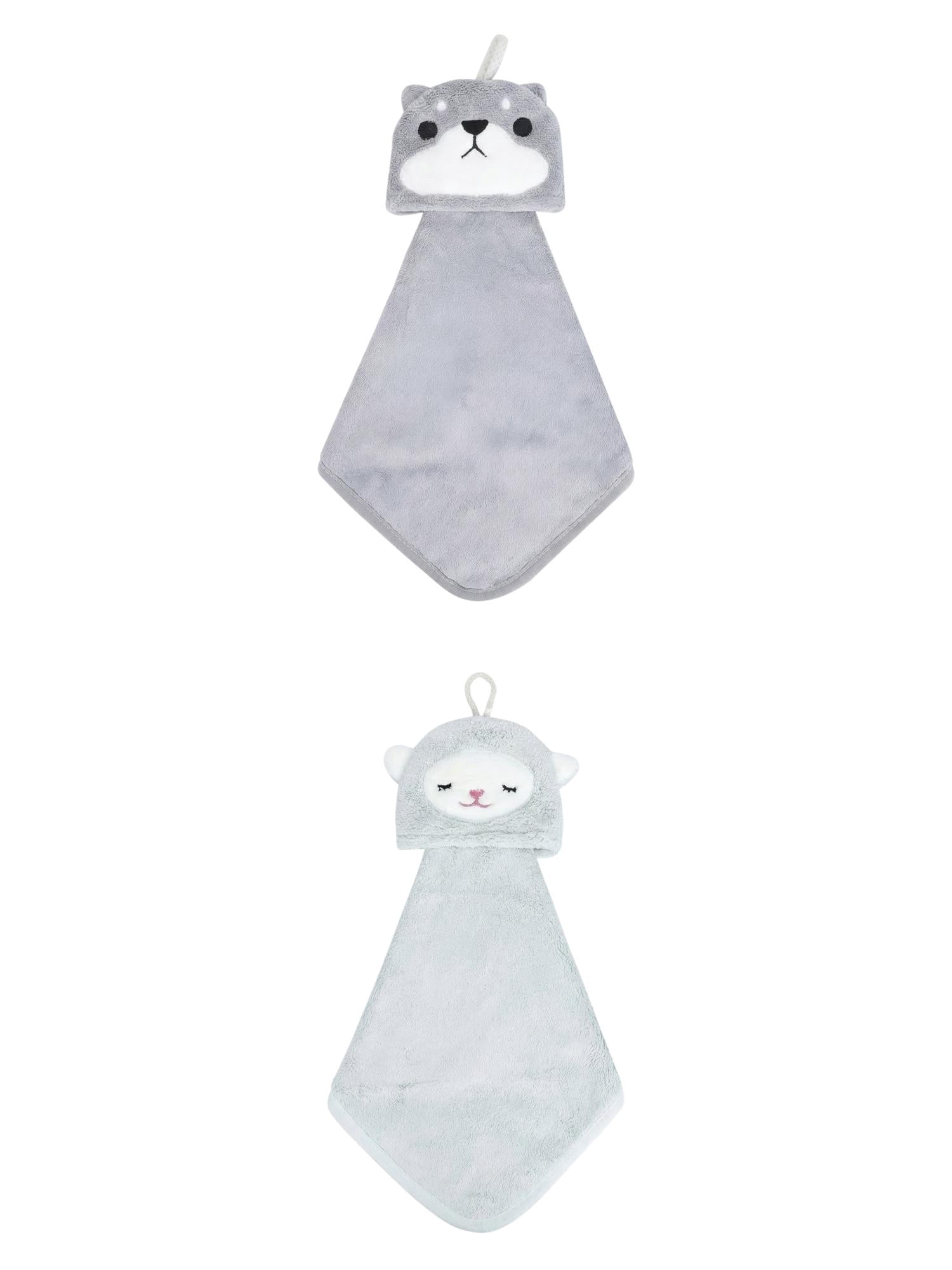 Unique Bargains Animal Hanging Soft Absorbent Hand Towel Green Lamb/Grey Shiba 15" x 8"