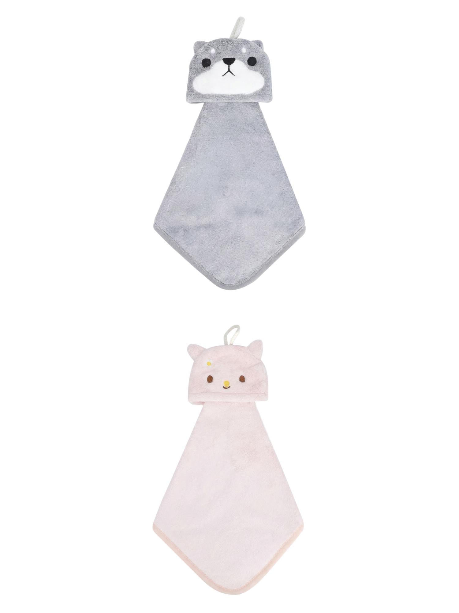 Unique Bargains Animal Hanging Soft Absorbent Hand Towel Pink Rabbit/Grey Shiba 15" x 8"