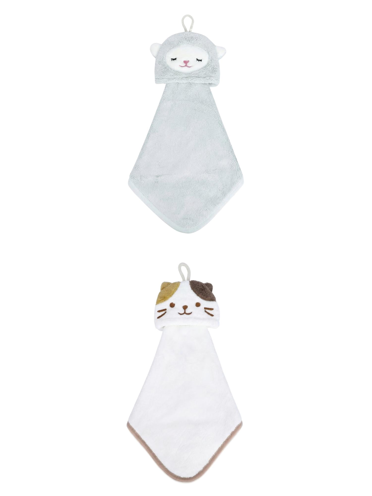 Unique Bargains Animal Hanging Soft Absorbent Hand Towel White Cat/Green Lamb 15" x 8"