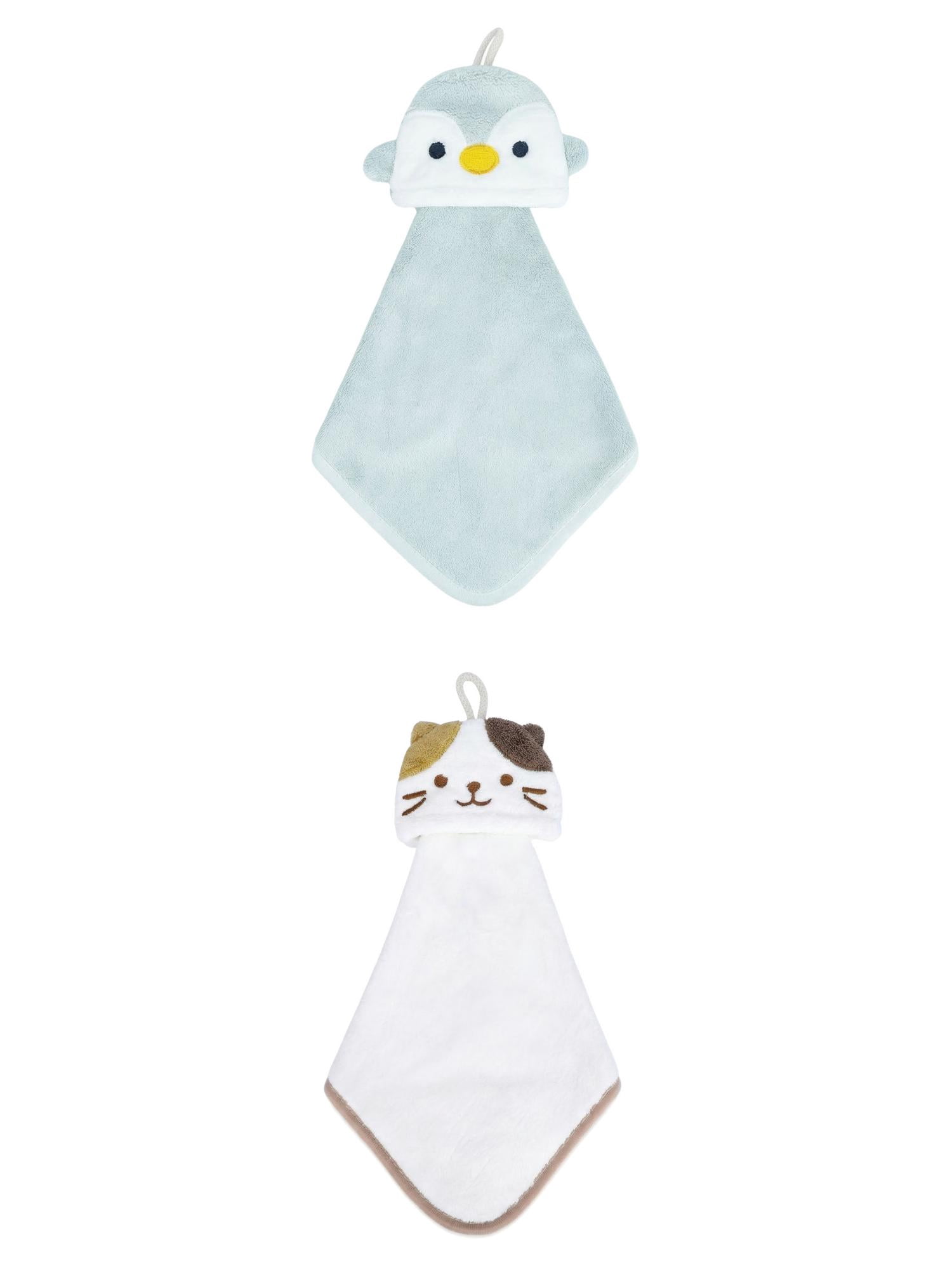 Unique Bargains Animal Hanging Soft Absorbent Hand Towel White Cat/Green Penguins 15" x 8"