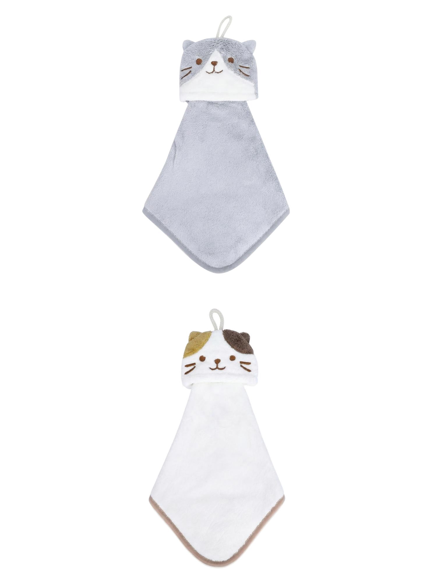Unique Bargains Animal Hanging Soft Absorbent Hand Towel White Cat/Grey Cat 15" x 8"