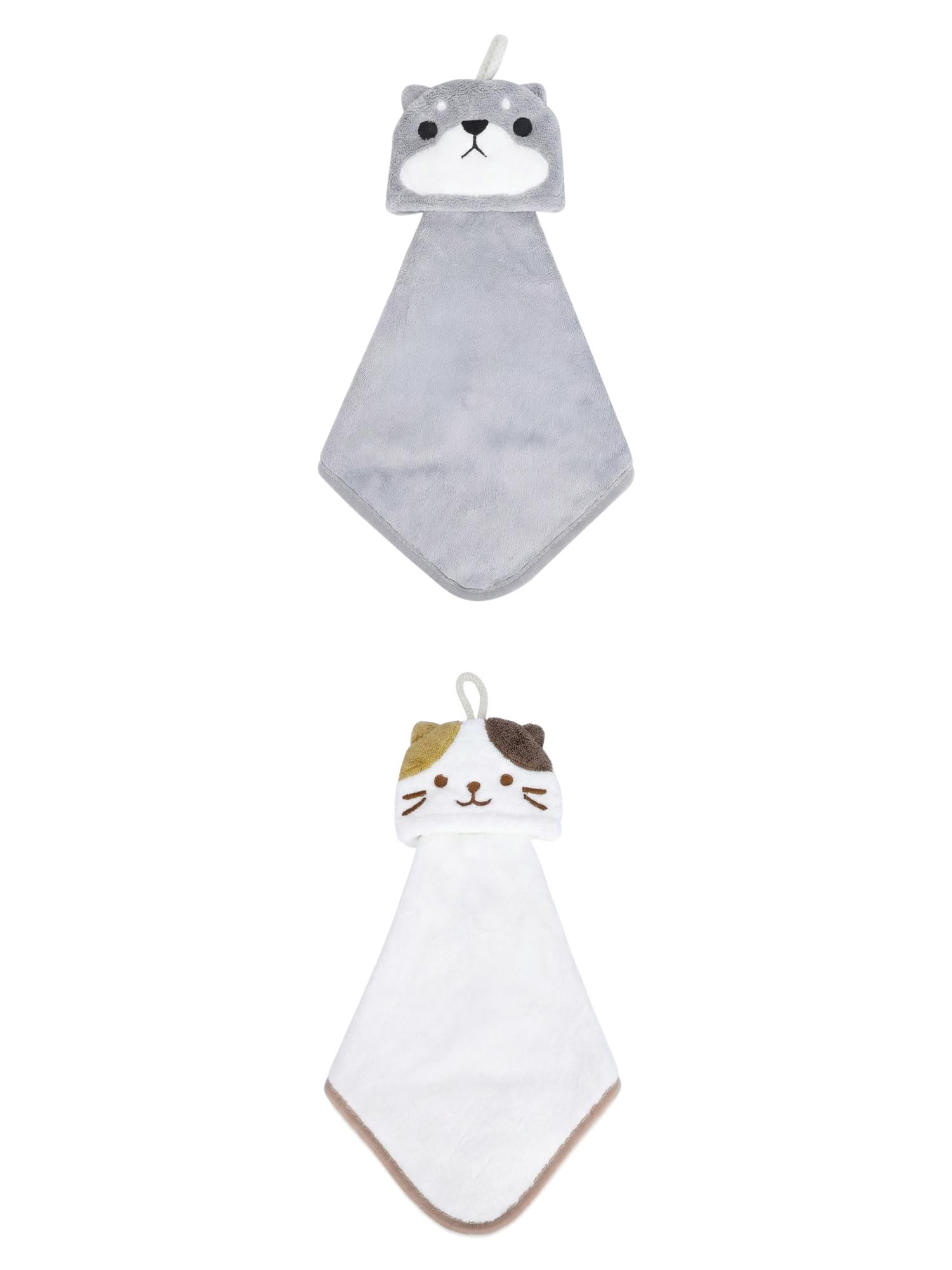 Unique Bargains Animal Hanging Soft Absorbent Hand Towel White Cat/Grey Shiba 15" x 8"