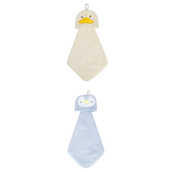 Unique Bargains Animal Hanging Soft Absorbent Hand Towel Yellow Duck/Blue Penguins 15"x 8"