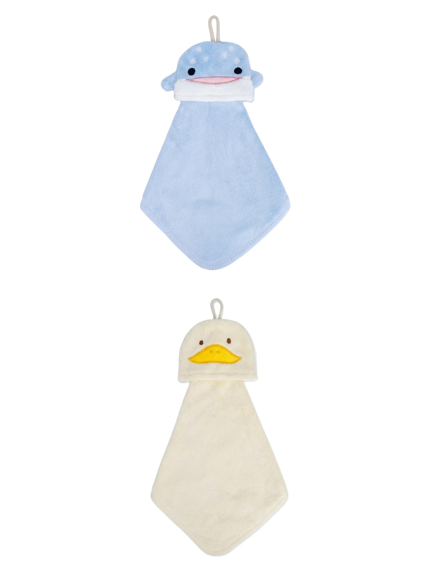 Unique Bargains Animal Hanging Soft Absorbent Hand Towel Yellow Duck/Blue Shark 15" x 8"