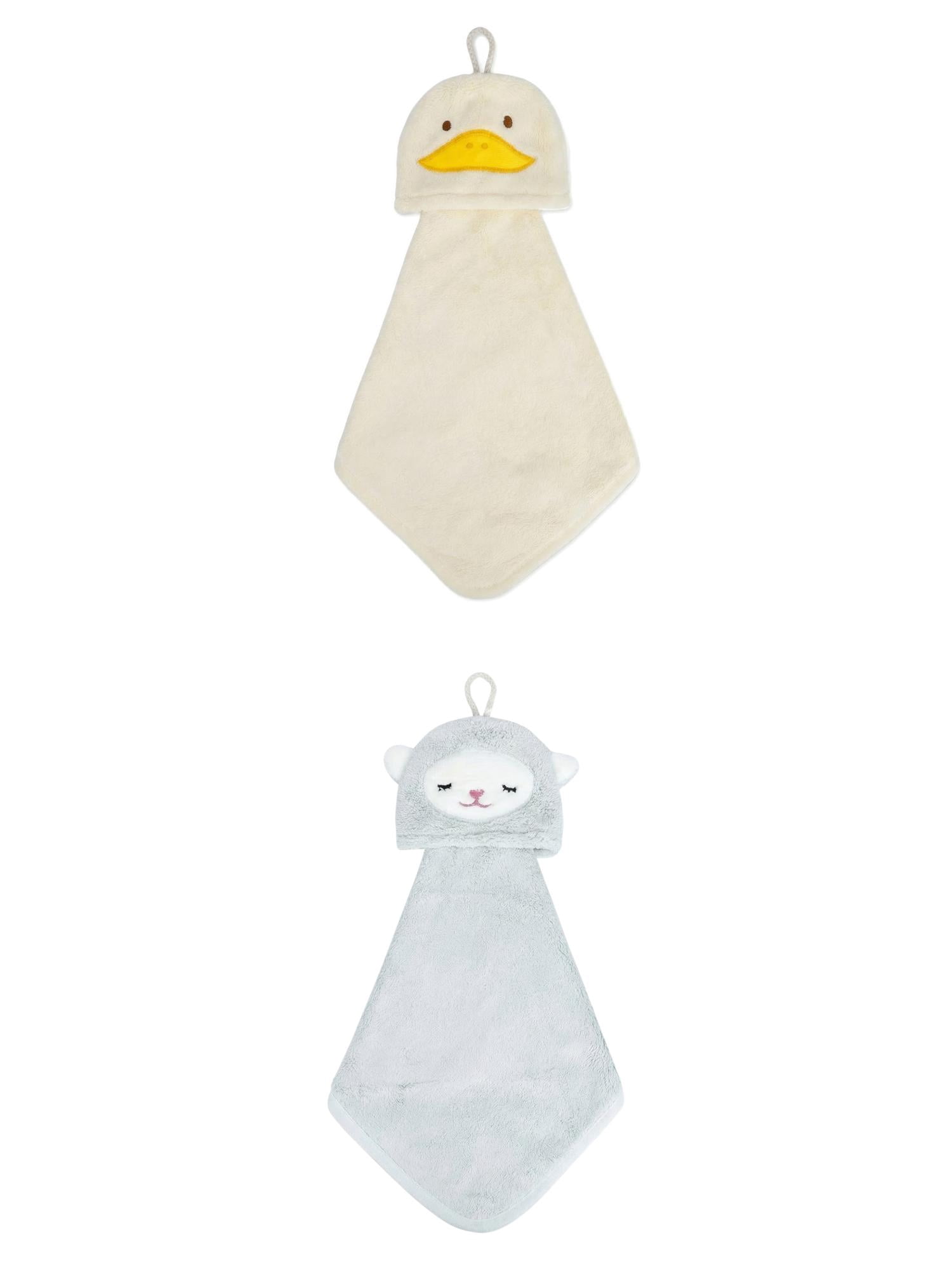 Unique Bargains Animal Hanging Soft Absorbent Hand Towel Yellow Duck/Green Lamb 15" x 8"