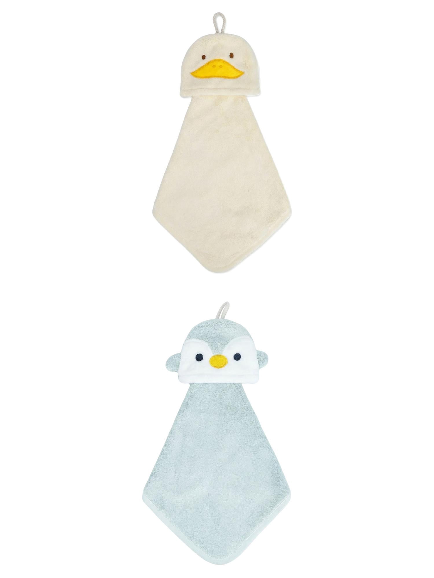 Unique Bargains Animal Hanging Soft Absorbent Hand Towel Yellow Duck/Green Penguins 15"x8"