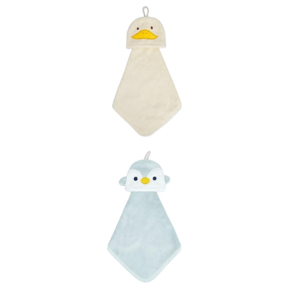 Unique Bargains Animal Hanging Soft Absorbent Hand Towel Yellow Duck/Green Penguins 15"x8"