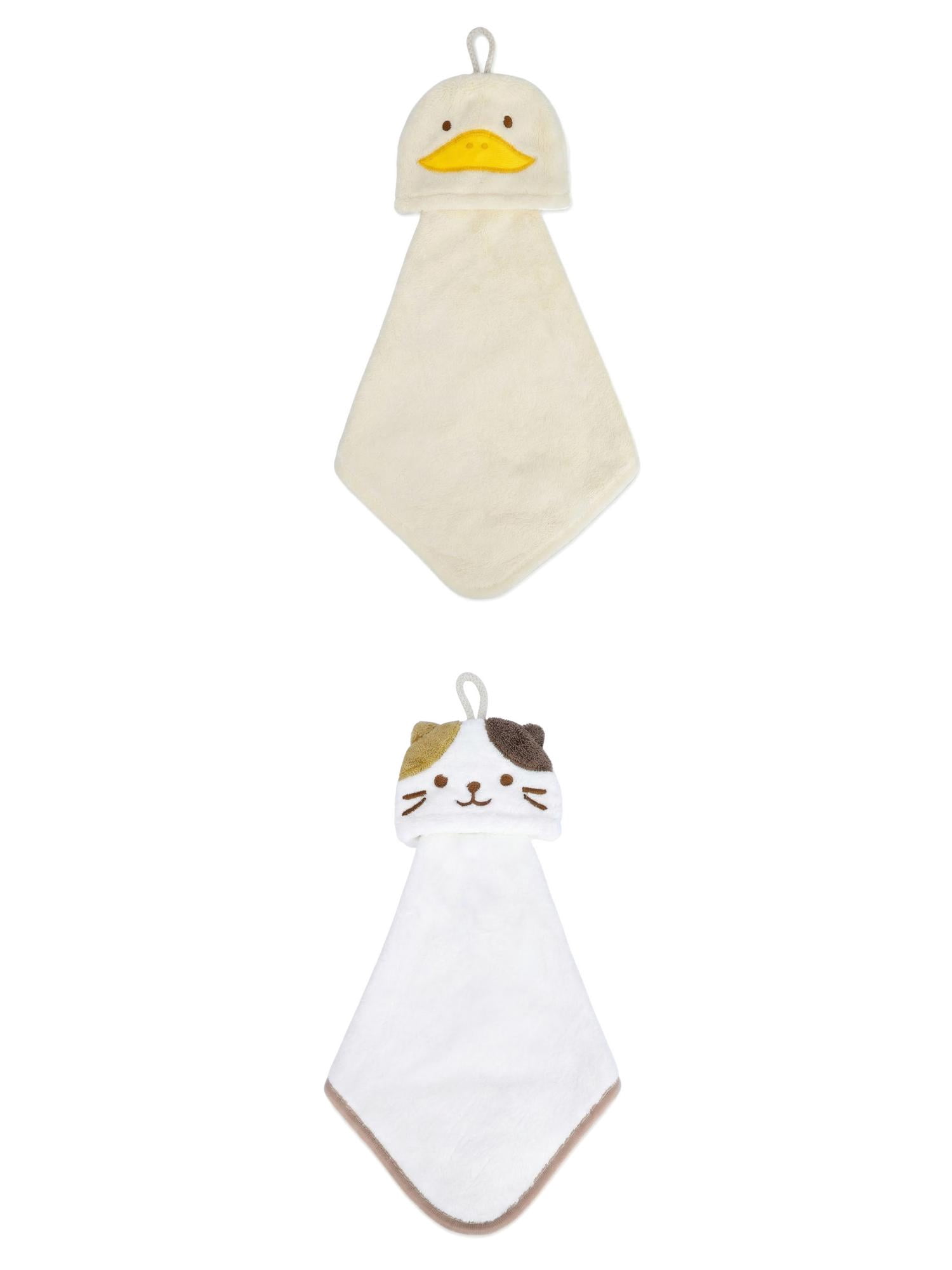 Unique Bargains Animal Hanging Soft Absorbent Hand Towel Yellow Duck/White Cat 15" x 8"