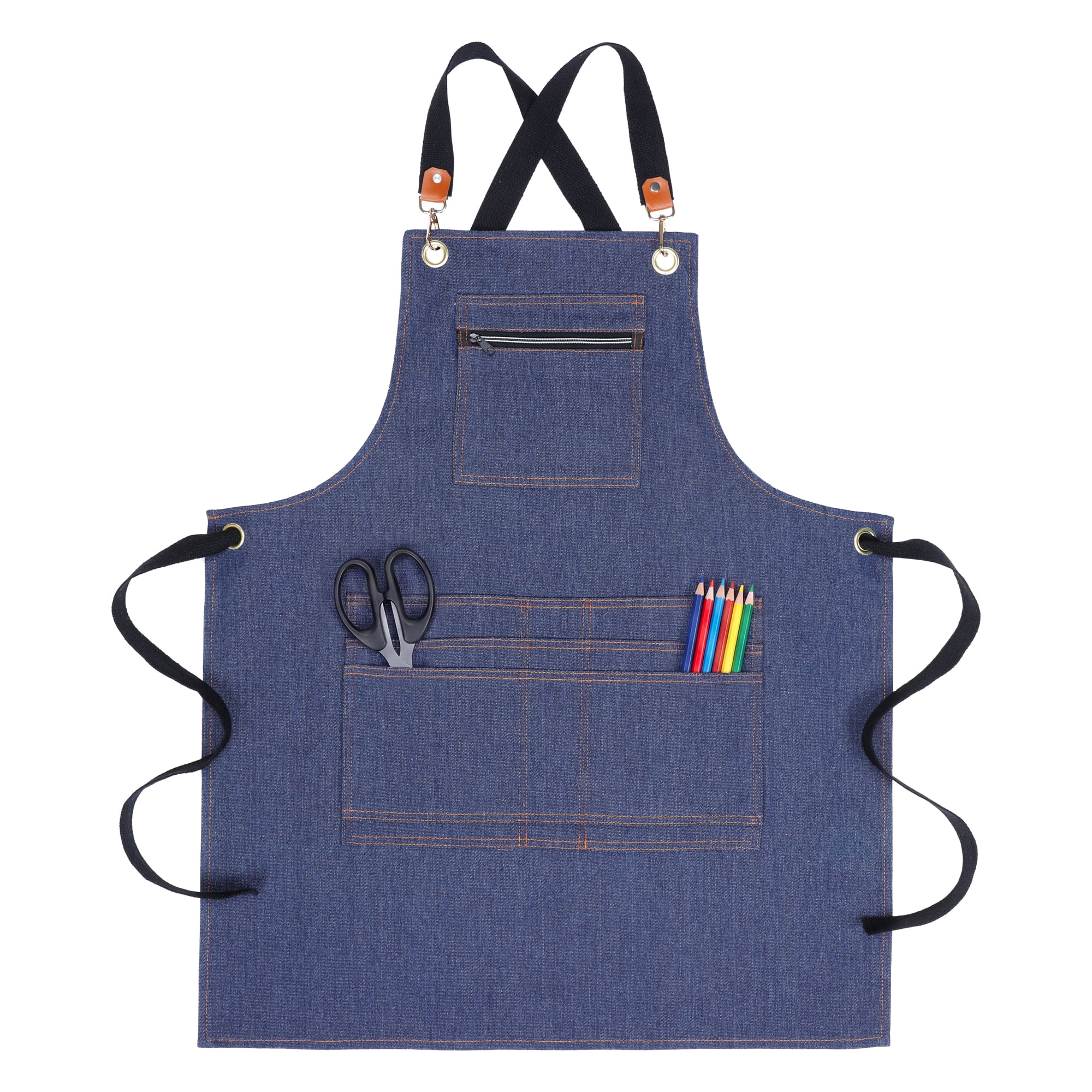 Unique Bargains Aprons with Pockets Adjustable Long Waist Cooking Apron Durable Blue