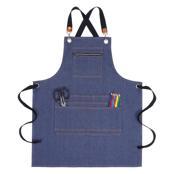 Unique Bargains Aprons with Pockets Adjustable Long Waist Cooking Apron Durable Blue