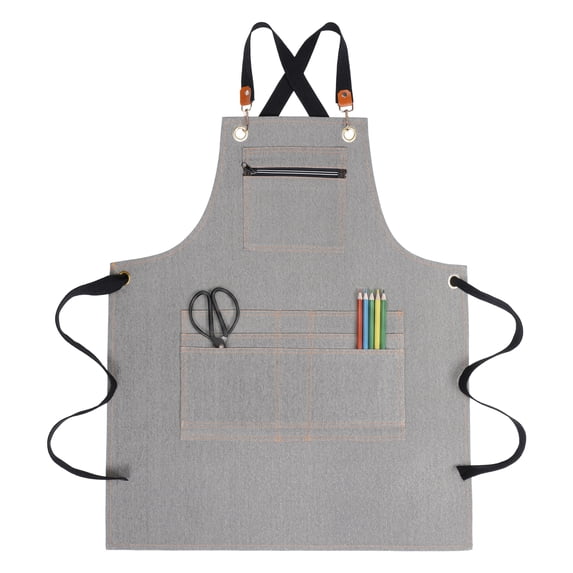 Unique Bargains Aprons with Pockets Adjustable Long Waist Cooking Apron Durable Gray