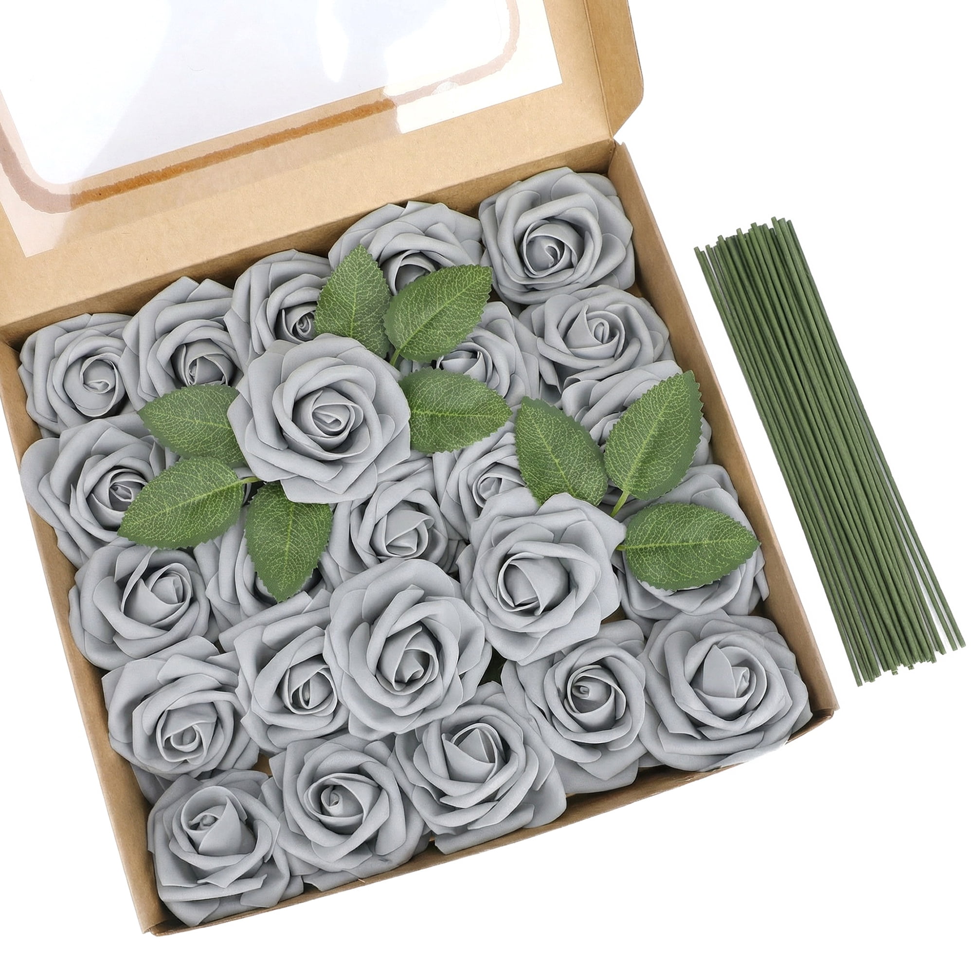 Unique Bargains Artificial Detachable Rose Silk Flower Grey 7.1"