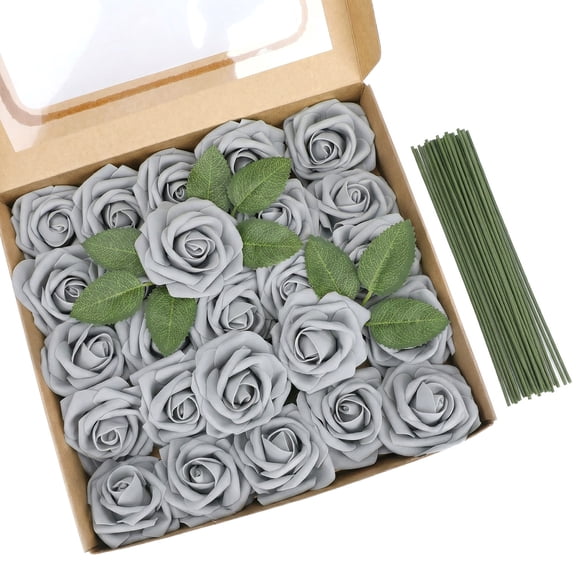 Unique Bargains Artificial Detachable Rose Silk Flower Grey 7.1"