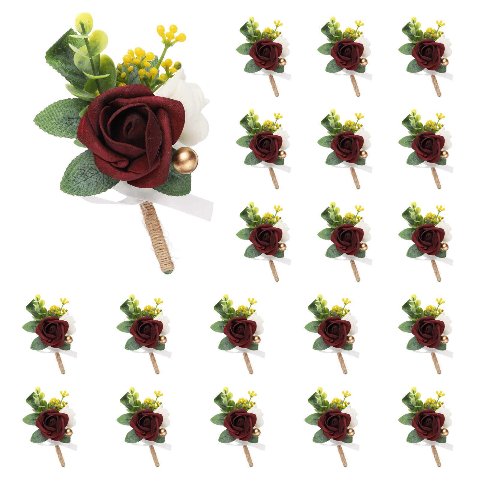 Unique Bargains Artificial Flower Boutonnieres for Men Pocket Corsage 20Pcs Wine Red
