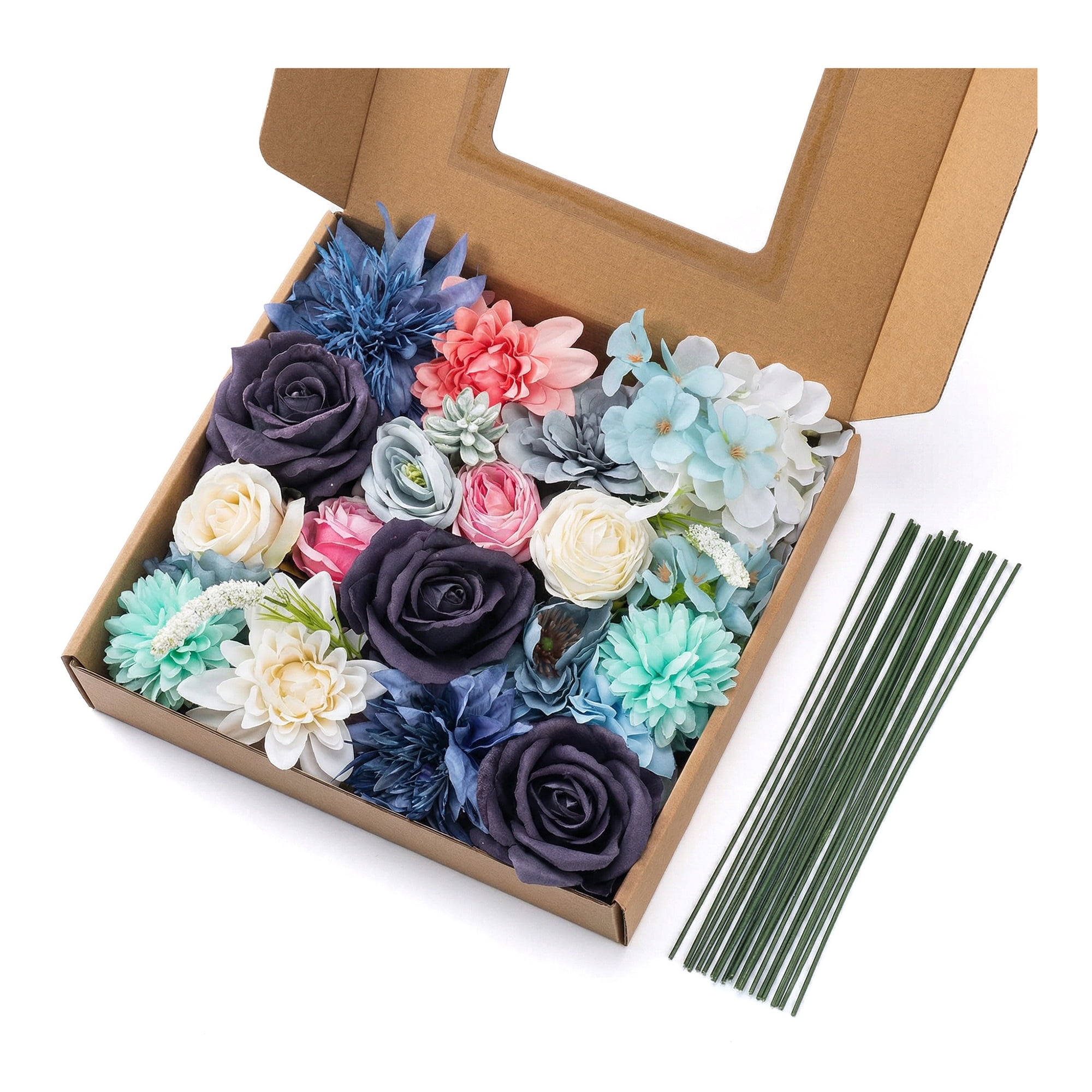 Unique Bargains Artificial Flowers Combo Box Set Blue Tones 9.8"