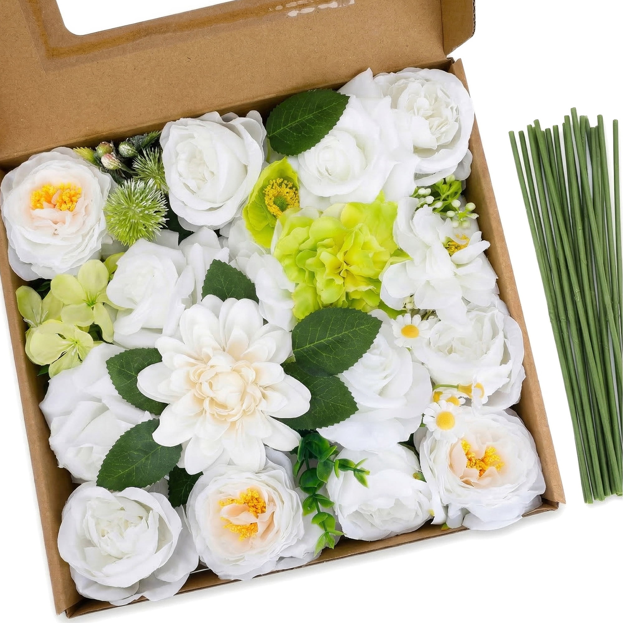 Unique Bargains Artificial Flowers Combo Box Set Green Tones 9.8"